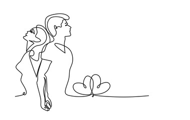 Draw one continuous line. Affectionate couple on Valentine Day. Vector illustration