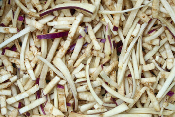 The texture of eggplant cut into small pieces.