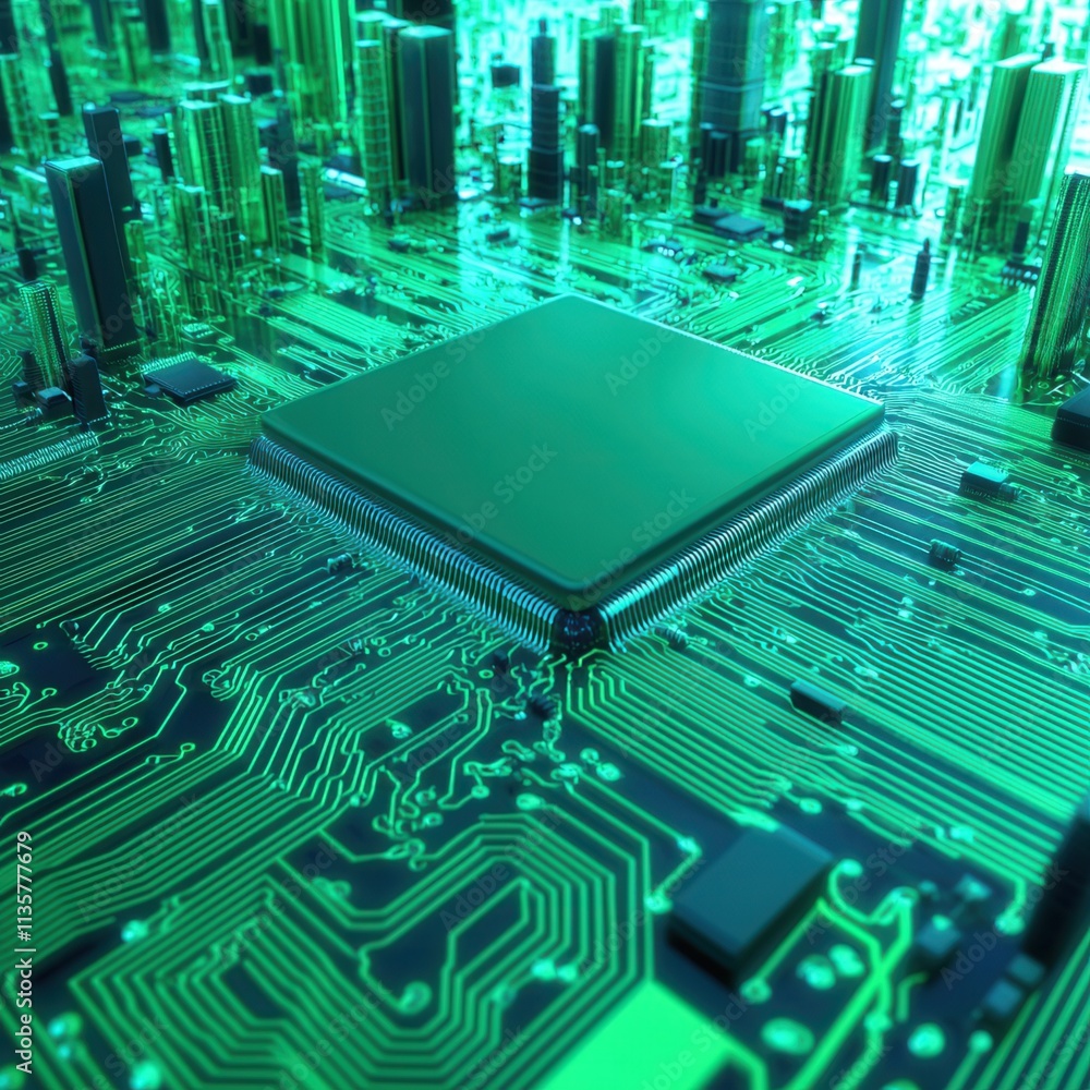 Poster a close-up of a green circuit board featuring a prominent microprocessor and intricate electronic co