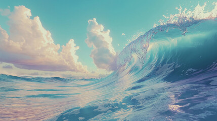 Wave curving over sunset ocean surrounded by beautiful fluffy clouds