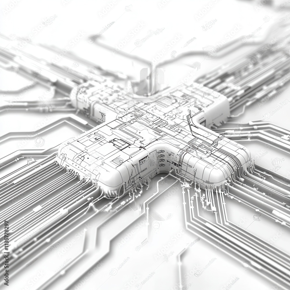 Poster a high-tech circuit board design featuring intricate pathways and connections, presented in a minima