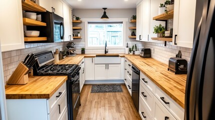 Modern galley kitchen with white cabinets, butcher block countertops, and floating shelves.
