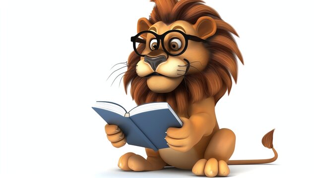 A cartoon lion wearing glasses reads a book.