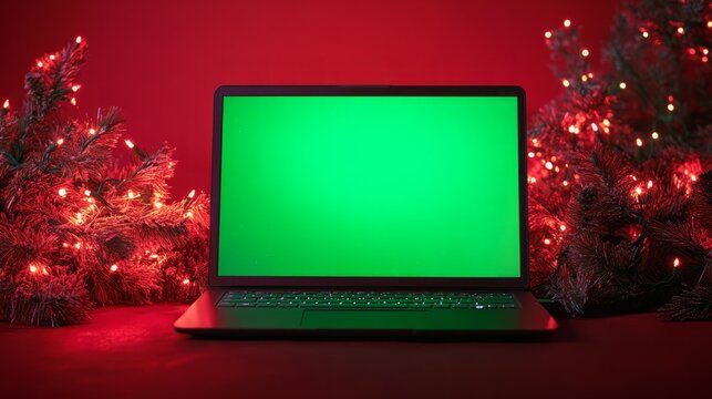 Santa holding a laptop horizontally, the green screen glowing brightly, with a vivid red background adding a holiday aesthetic 