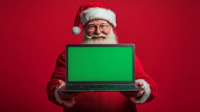 Santa holding a laptop horizontally, the green screen glowing brightly, with a vivid red background adding a holiday aesthetic