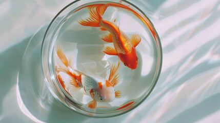 goldfish swimming in a round fishbowl with clear water 