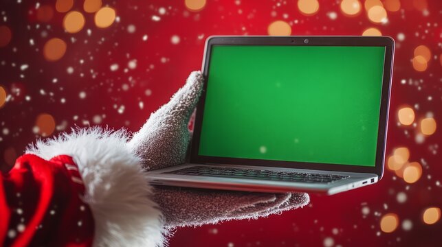 Santa's hand holding a laptop tightly, the green screen shining brightly, with a bright and bold red holiday background 