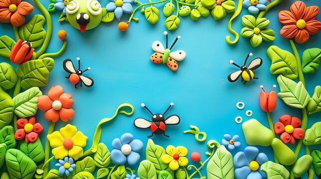 A clay art scene with flowers, bugs and a blue background.