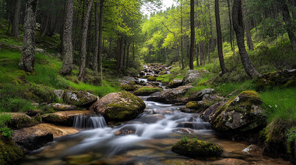 Obraz premium Flowing stream surrounded by lush green forest in a tranquil natural setting