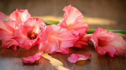 Fototapeta premium Beautiful pink gladiolus flowers arranged on a wooden surface in soft natural light