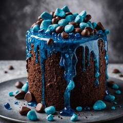 "A cake featuring a cascading waterfall effect made of edible blue sugar and chocolate rocks."

