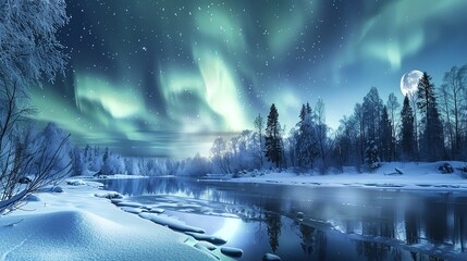 The northern lights over a frozen river in a snow-covered forest.