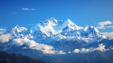 A snow-capped mountain range against a blue sky with clouds.