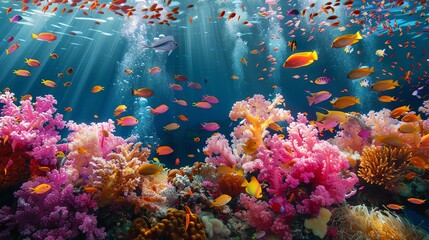 A vibrant coral reef teeming with colorful fish.