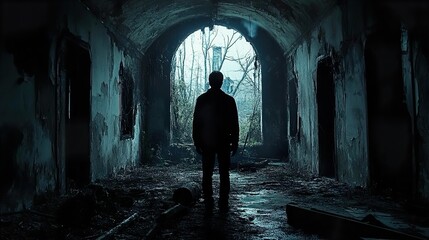 Silhouette in a Gloomy Abandoned Building