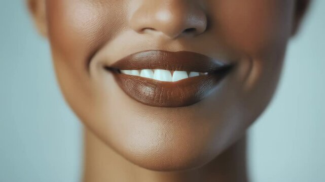 Beautiful african american woman smiling with brown lipstick, closeup portrait. Beauty, wellness and personal care. Mocha mousse - color 2025
