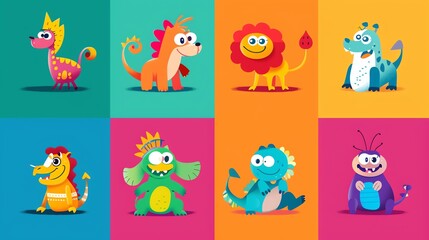 Obraz premium A set of cute cartoon monsters in different colors and poses.