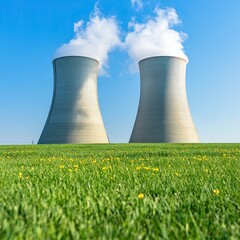 Nuclear Power Plant Cooling Towers in Green Field