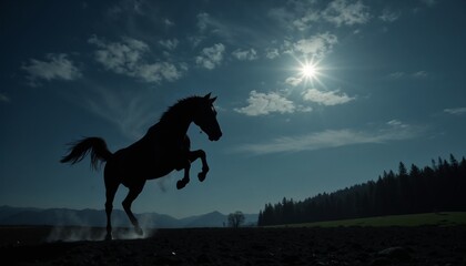 Naklejka premium Silhouette of horse jump under a dramatic night sky