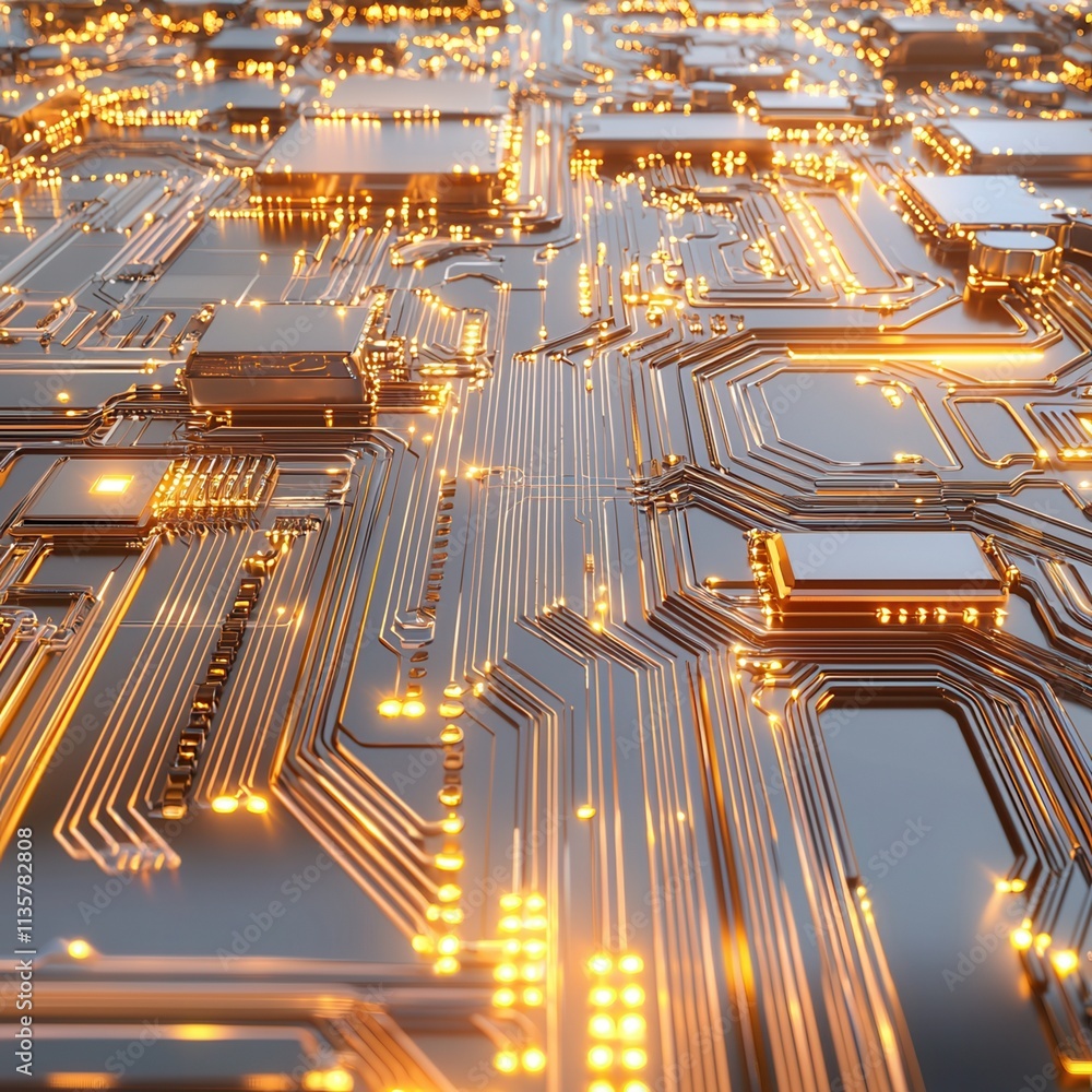 Poster a close-up view of a circuit board with glowing pathways and connectors, showcasing intricate electr