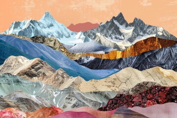 A vibrant collage depicting a mountain landscape with various textures and colors A collage of textures and colors representing the diverse landscapes of the mountains