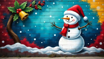 Christmas image is a colorful mural on a brick wall. The mural features a snowman wearing a red Santa hat and scarf, with a carrot nose and two black eyes.