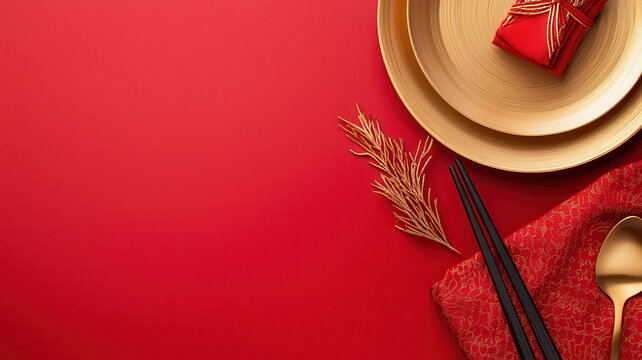 Festive red table setting with gold accents and chopsticks