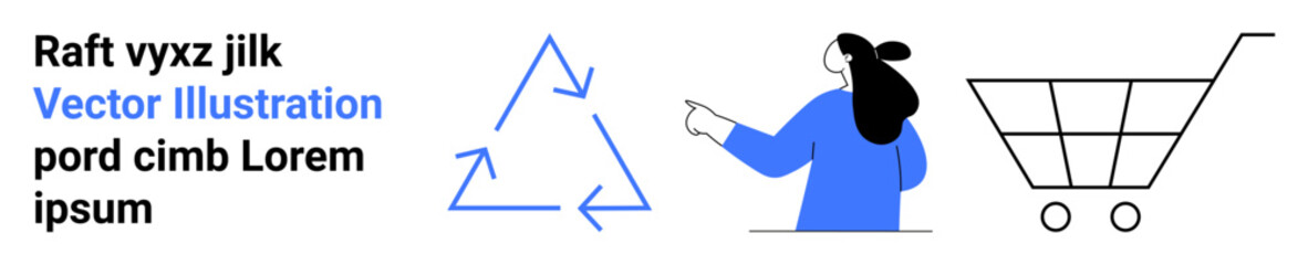 Businesswoman in blue coat pointing at blue recycling symbol beside a shopping cart. Ideal for e-commerce, sustainability, corporate presentations, environmental awareness, online shopping, business