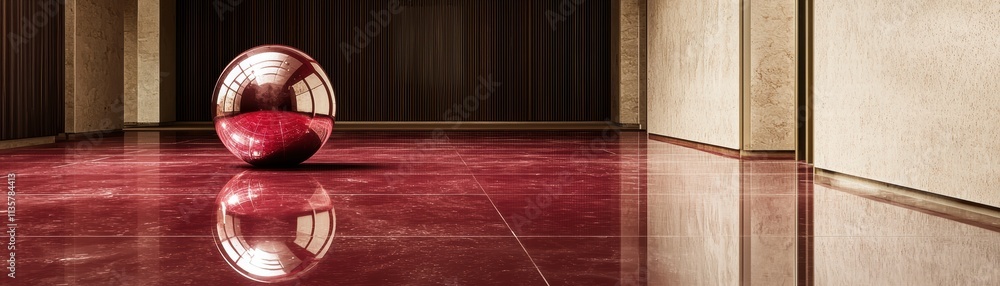 Poster a reflective red sphere rests on a polished floor in a softly lit modern interior, creating an intri