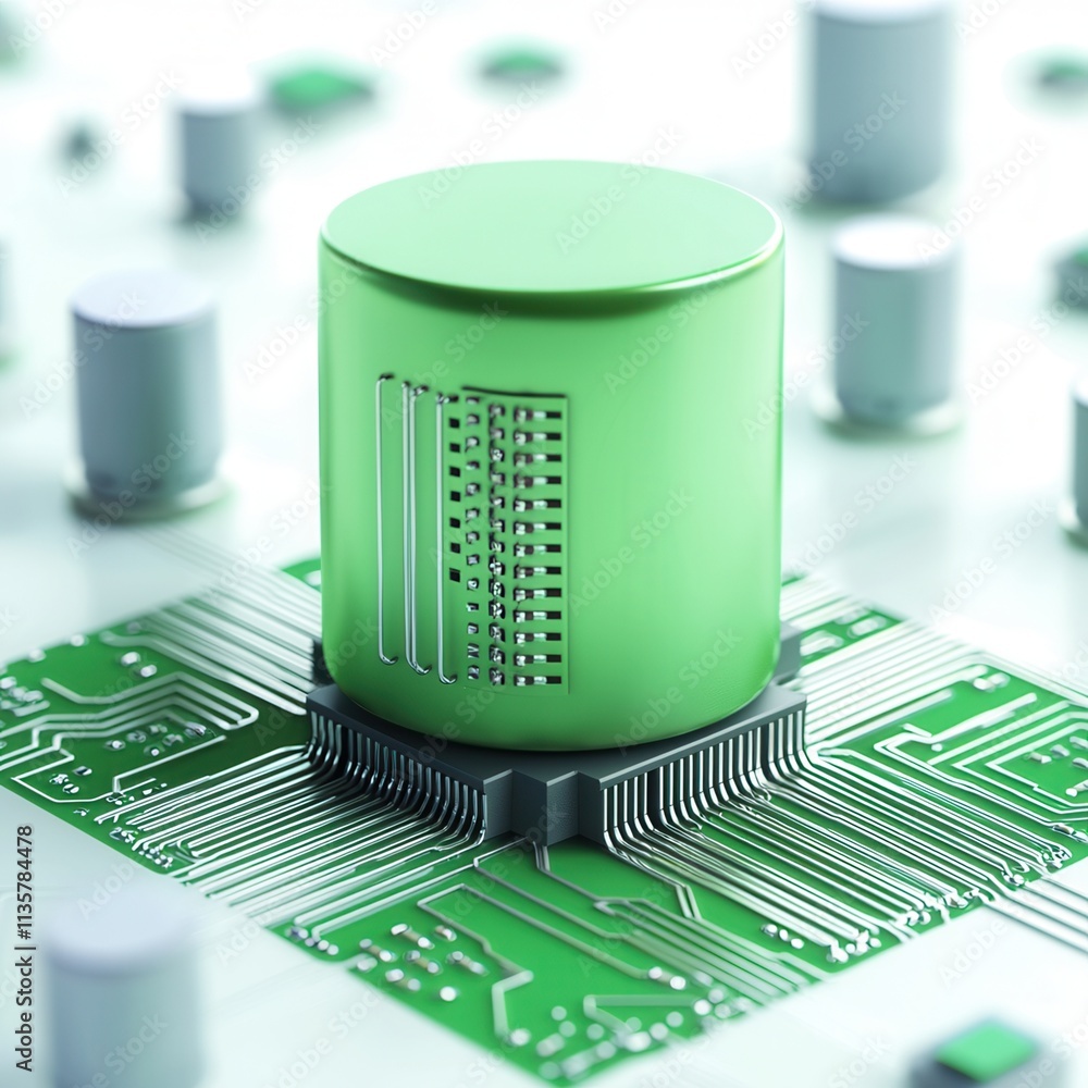 Poster a close-up of a green cylindrical component on a circuit board, surrounded by various electronic ele