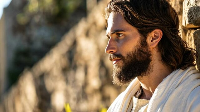 Jesus Crist close eyes praying at wall 