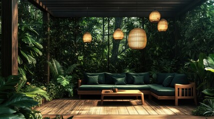 Lush jungle patio with wooden furniture and pendant lights.
