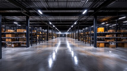 Obraz premium This large industrial warehouse is organized with tall steel shelves stacked with boxes and crates. Bright neon lights illuminate the concrete floor, emphasizing the sleek atmosphere.