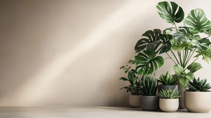 Lush Green Plants in Modern Pots Against a Beige Wall