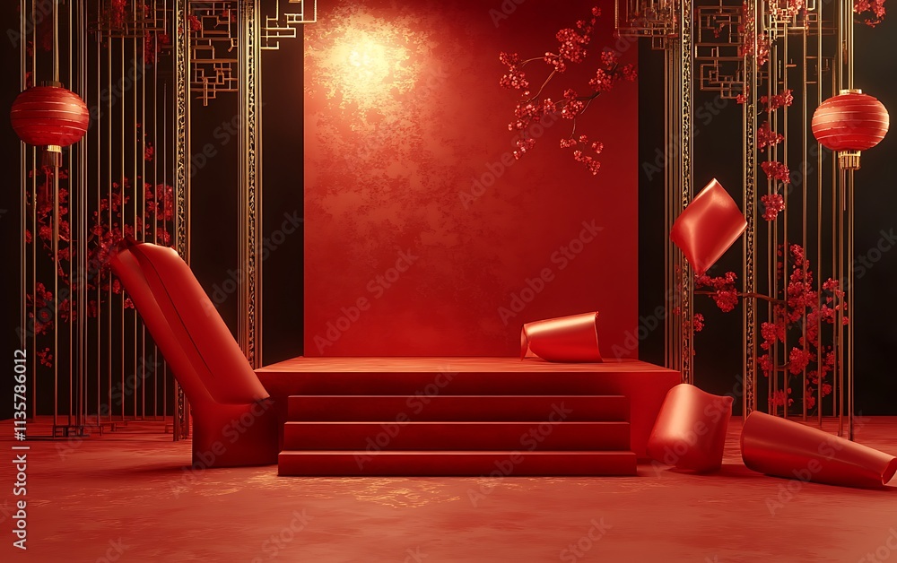 Poster empty stage with red chinese style background, 3d rendering, generative ai