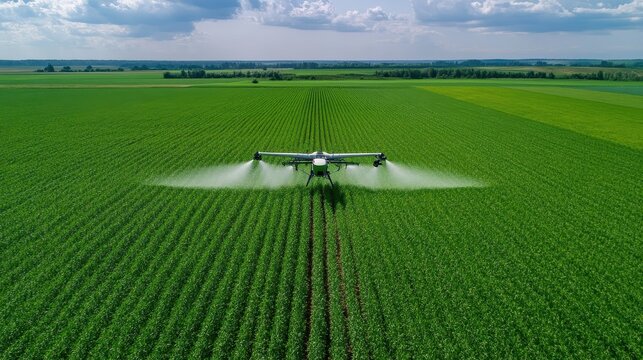 Aerial application of pesticides agricultural field drone technology rural landscape bird's eye view environmental protection