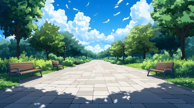 Sunlight filters through lush trees in a bustling city park. Walkways are lined with wooden benches inviting visitors to relax.