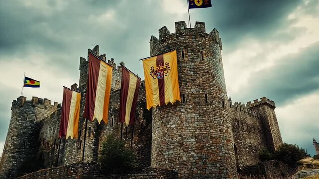 This striking image features a grand castle embellished with colorful banners. Perfect for historical themes, fantasy backgrounds, or architectural showcases. Generative AI