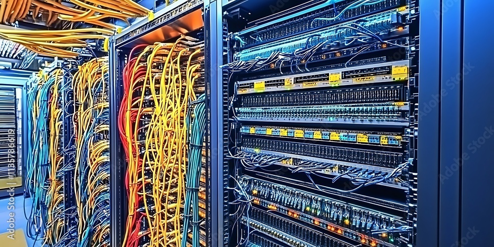 Poster server room infrastructure a glimpse into the network's backbone - close-up of cable management and 