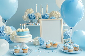 Baby Boy's Birthday Cake Smash Party Setup with Balloons and Cupcakes
