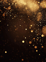 Festive vector background with gold glitter and confetti for Christmas celebration. Black background with glowing golden particles.