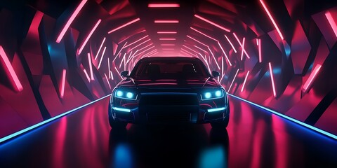 Car in the dark neon tunnel, 3d rendering, Generative Ai