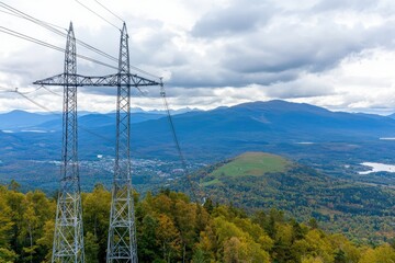 Obraz premium Scenic Travel Destination Power Lines Overlooking Mountain Landscape Nature Photography Aerial View Serene Environment Adventure Concept