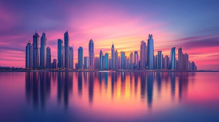 Fototapeta premium A vibrant skyline at sunset, reflecting on calm waters, showcasing modern architecture.