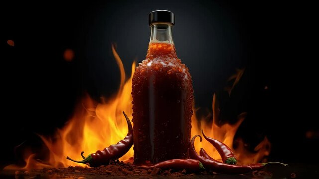  Chilly sauce or ketchup in glass bottle made of red hot chili peppers on black background with flame and smoke. Mexican paprika spice. Mockup for logo or design