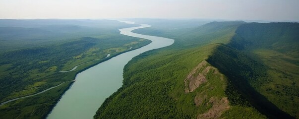 Exploring the Serene River Valley Nature Destination Aerial Photography Lush Green Mountains Scenic Viewpoint Travel and Destination Adventure