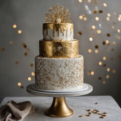 "A glamorous gold and white cake with metallic accents and a sparkling topper."

