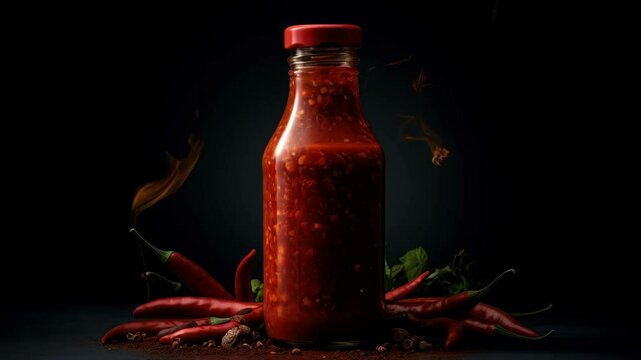  Chilly sauce or ketchup in glass bottle made of red hot chili peppers on black background with flame and smoke. Mexican paprika spice. Mockup for logo or design
