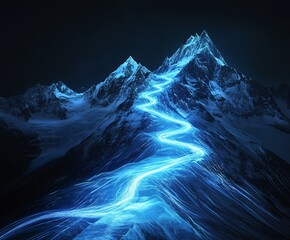 Glowing Blue Energy Path on Snowy Mountain Peak
