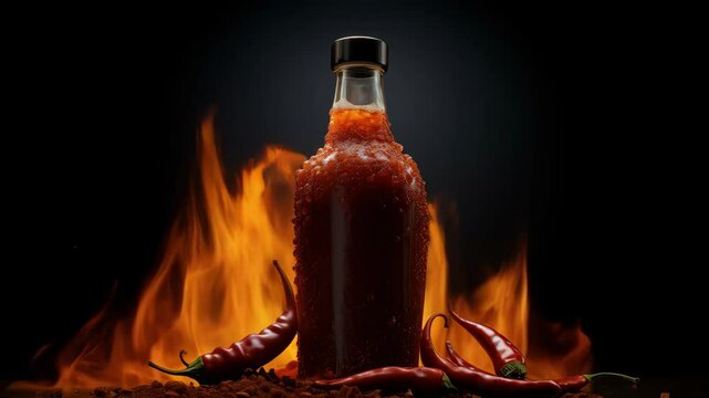  Chilly sauce or ketchup in glass bottle made of red hot chili peppers on black background with flame and smoke. Mexican paprika spice. Mockup for logo or design
